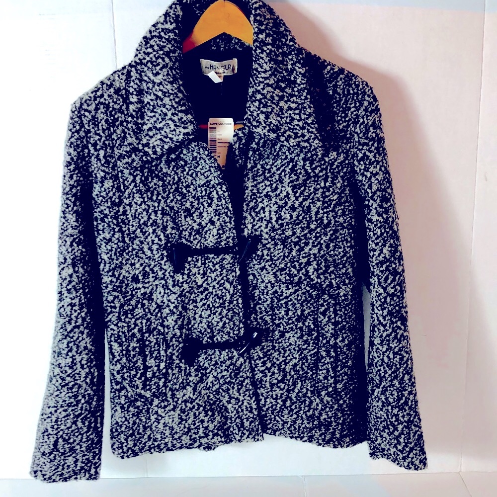 NEW THE HANGER Tweed Coat Pea Jacket medium zipper toggles lining back-slit nwt